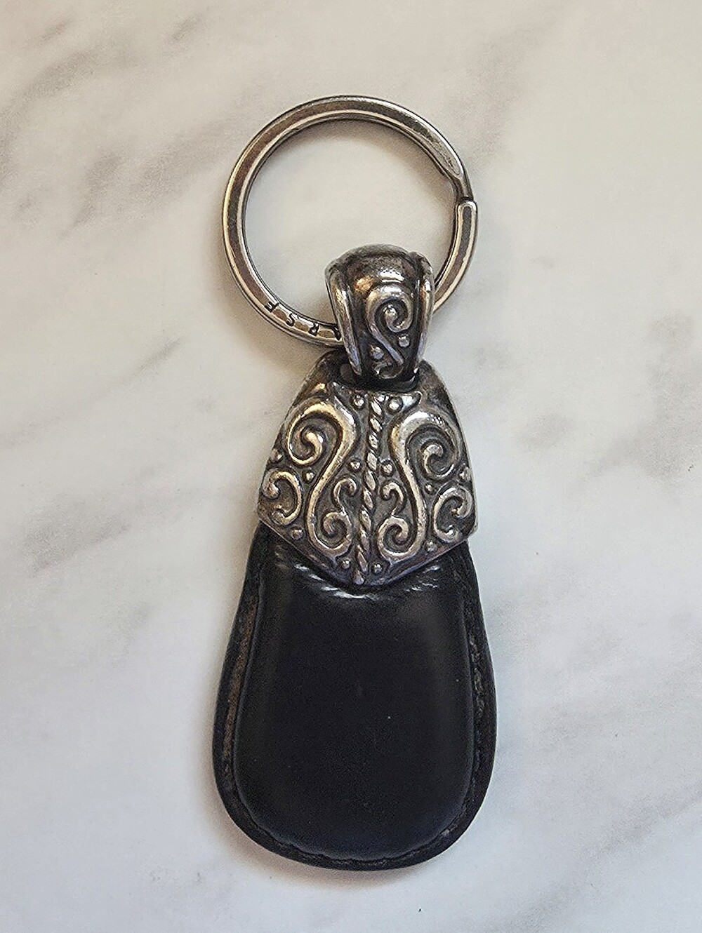 Leather Key Fob with Ornate Silver-Tone Accent - Black